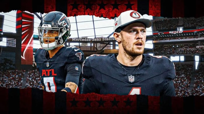 Atlanta Falcons quarterbacks Desmond Ridder (9) and Taylor Heinicke (4).